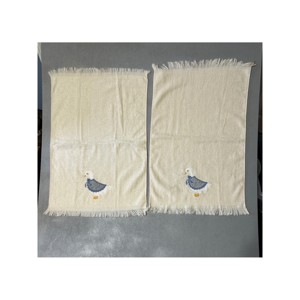 Vintage Cannon Geese Hand Towels Set of 2 Cream Blue Fringed Made in USA 1980s